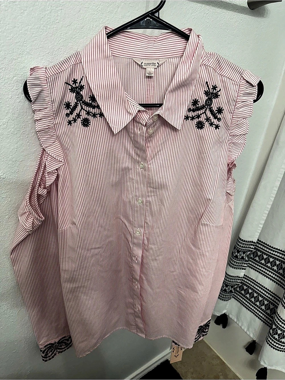 Nanette Embroidered Striped Blouse in Pink & White XL NWT
